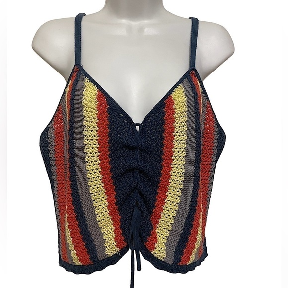 Hooked up multi Crop top Crocheted blue orange yellow tie front boho hippie - Picture 1 of 8
